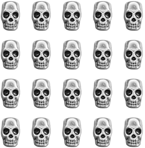 JKJF 20 Stück Schädel Perle Totenkopf Perlen Totenkopf Charms Anhänger Metall Skelett Charms Baumeln für DIY Ohrring Halskette Armband Fussbänder Schmuck - Antik Silber