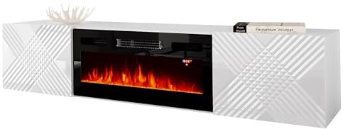 Mirjan24 TV-Lowboard Elarate 180 EF mit Elektrischem Kamin, Realistische LED-Flamme, Schrank für Fernseher bis zu 80 Zoll, Griffloses Öffnungssystem, Fernsehschrank (Weiß/Weiß Hochglanz)