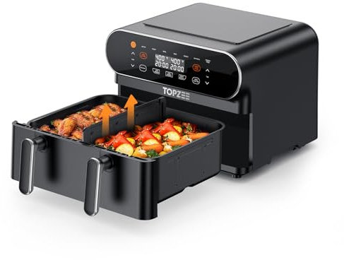 TOPZEE Freidora de aire grande de 11 cuartos – Freidora de aire 8 en 1 XL con cesta flexible, divisor para doble cocción, precalentar, freír al aire, asar, asar, hornear, recalentar, deshidratar,