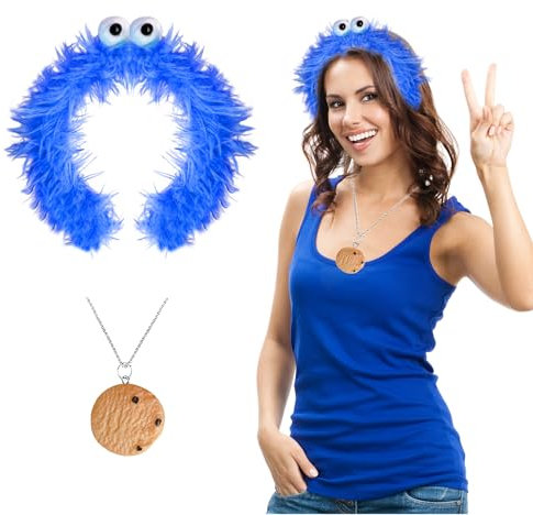 Krümelmonster Kostüm Damen, Krümelmonster Haarreif Karneval Halskette Damen, Cookie Monster Kostüm Accessories Krümelmonster Kuscheltier Haarreif Halskette fur Karneval Fasching Motto Cosplay