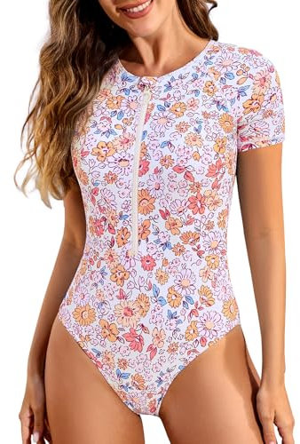 Tuopuda Costume Intero Donna Costume Contenitivo Modellante Pancia Piatta Sportivo Beachwear Maniche Corte Costumi Bikini Un Pezzo Swimsuit da Mare Swimwear Monokini, Rosa, S