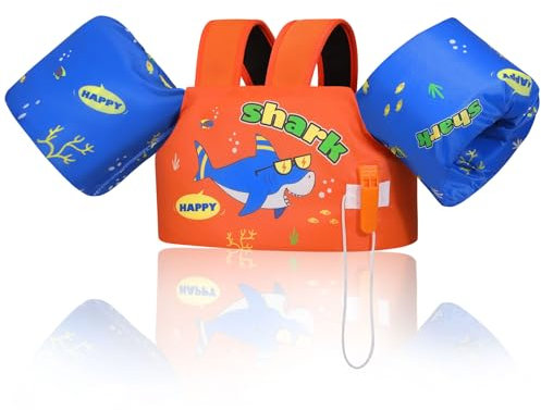 MoKo Kinder Schwimmflügel, Cartoon Schwimmende Badeanzug Schwimmjacke, Schwimmtraining Jacke Schwimmflügel mit Schnalle für Jungen Mädchen 9 bis 22,6 kg, Orange-Blau-Haie