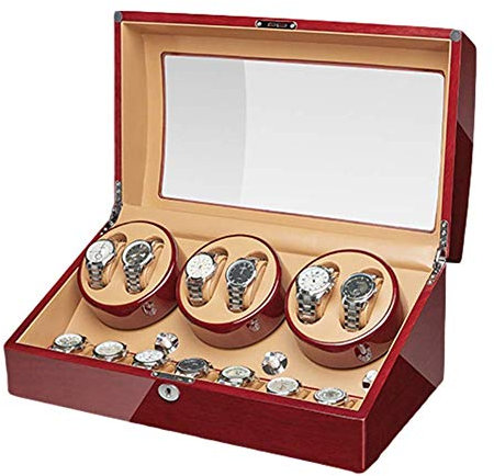 CWZZWS Watch Winder Box for Automatic Watches Walnut Solid Wood Piano Varnish Exterior Adapter and Battery Operated Quiet Motor Watch Winder Display Watch Box Storage, 2+3