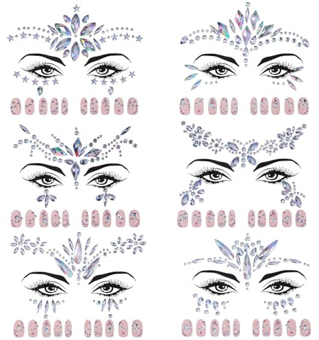 6 Sets Face Jewels for Festivals, Adhesive Glitter Face Gems with Manicure Diamond, Mermaid Facial Rhinestones Temporary Tattoos Sticker for Halloween Christmas Birthday Carnival Party