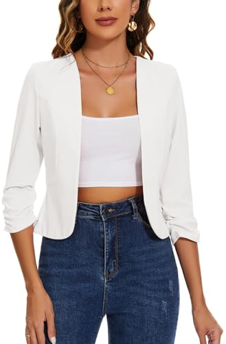 LADI TREND Womens Cropped Blazer Collarless Suits & Blazers Open Front Jackets 3/4 Ruched Sleeve Outerwear Half Linen Cardigan