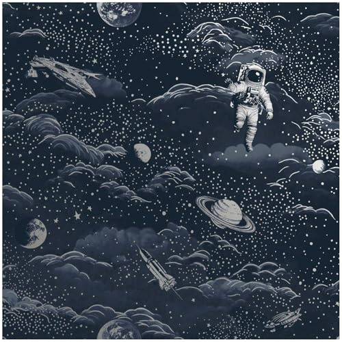 YöL Lost in Space Blue Silver Wallpaper - Kids Room Toy Room Bedroom Playroom Feature Statement Wall - Washable Wet Removable - 10.05m x 53cm Roll - Spaceships Planets Astronauts - 14050