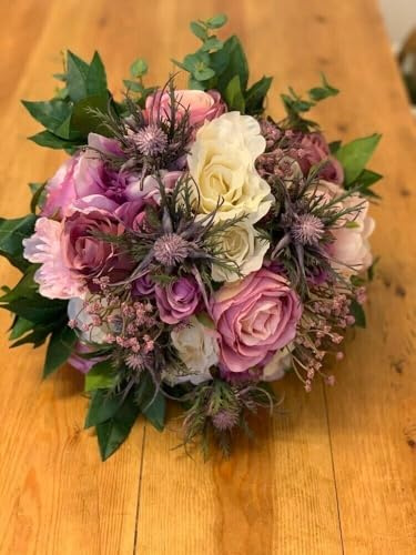Silky Bouquets Natalie Thistle and Rose Bridal Bouquet - Beautiful Mix of Thistles, Roses & Foliages in Lilacs, Pinks & Purples, Optional Tartan Bow Detail