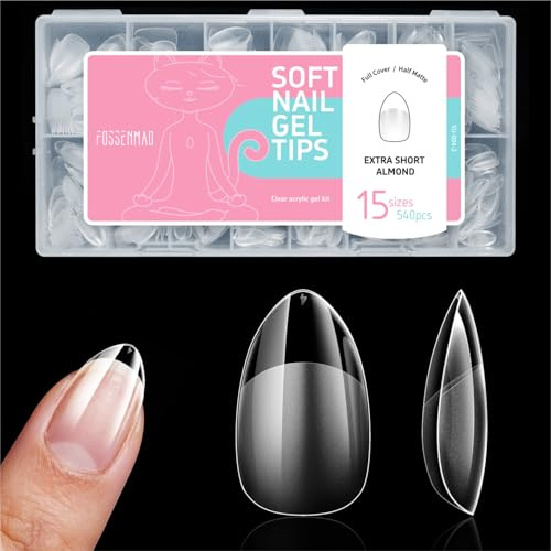 540 Pcs Short Almond Nail Tips for Gel Extensions, Half Matte Full Cover Fake Nails for Manicure Salon Arts DIY Home(15 Sizes) (Extra Short Almond, Half Matte)