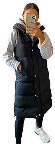 shelikes Women's Gilet Jacket Longline Hooded Quilted Winter Wear Long Coat For Women Hood Jackets (Black X-Large)