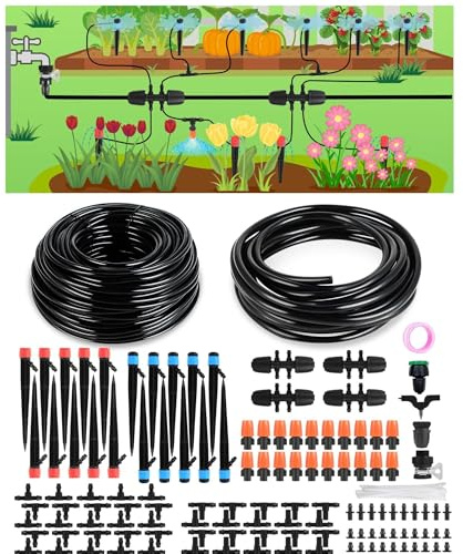 73M Drip Irrigation System for Garden: Automatic Plant Watering Kit 9M 11mm Tubing & 64M 6mm Irrigation Tubing, Adjustable Misting Sprinkler System for Raised Beds, Greenhouse Patio Lawn Plants