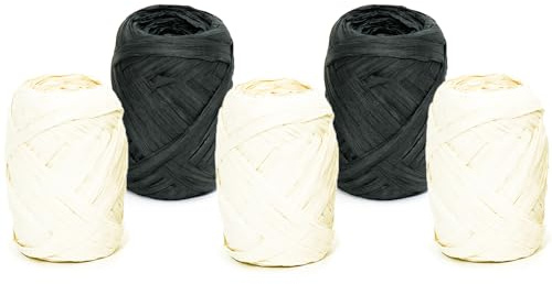 Papierband Raffiabast 5 Rollen Set je 20m - Geschenkband Raffia Papier Schnur Craft Verpackung - Bastband Papiergarn zum Binden Verzieren - Bänder für Geschenke Deko - Schwarz Weiß Mix