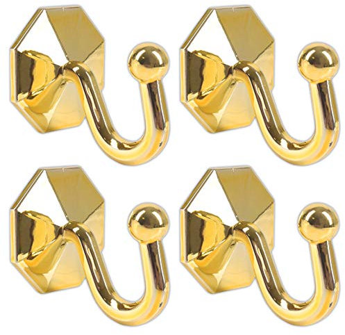 White Hinge 4x Self Adhesive Gold Curtain Tie Back Hooks - Stick On Rope/Cord Holder