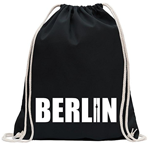 Kiwistar - Turnbeutel - schwarz - Berlin Schriftzug - Fun Rucksack Sport Beutel Gymsack Baumwolle mit Ziehgurt