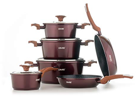 DMS® 10-teilig Induktion Kochgeschirr Kochset Töpfe Pfannen Set Bratpfanne Kasserolle Suppentopf mit Glasdeckel Marbel Beschichtung Spülmaschinengeeignet TSM4010 (Burgundy)