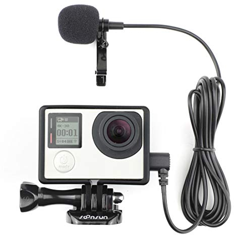 SOONSUN Frame Mount Housing Case with Lavalier Lapel Clip-on Microphone for GoPro Hero3, Hero 3+, Hero 4 Black White Silver Cameras