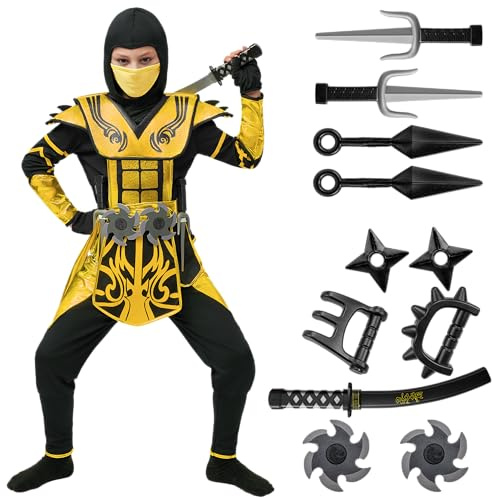 Spooktacular Creations Costume de ninja doré pour les fêtes à thème ninja pour garçons, déguisement d'Halloween, jeu de rôle ninja, fête de Noël (Medium (8-10 yrs))