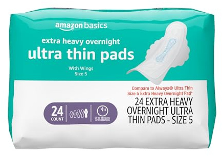 Amazon Basics Ultra Thin Pads with Flexi-Wings for Periods, Extra Heavy Overnight Absorbency, Unscented, Size 5, 24 Count, 1 Pack (Previously Solimo)