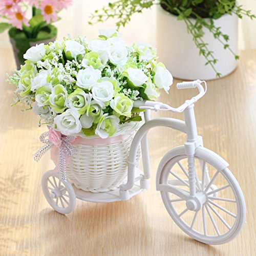 MISNODE Künstliche Blumen mit Fahrrad, Garten Nostalgie Fahrrad, Mini Dreirad Künstliche Blume Dekor Pflanze Ständer für Party Home Office Hotel Dekoration, Weiß