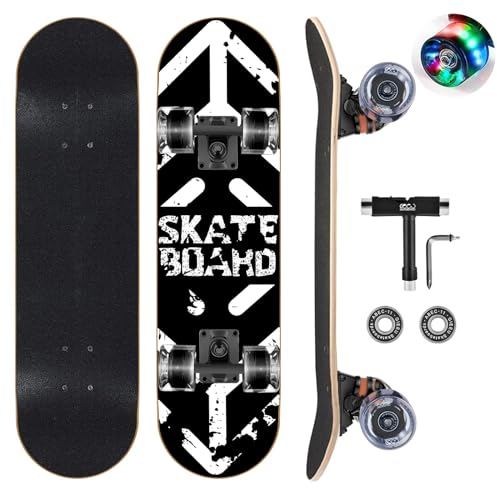 GIEEU Skateboards mit bunten blinkenden Rädern für Anfänger, Kinder, Jugendliche, Erwachsene, 78,9 x 20,3 cm, komplettes Standard-Skate-Boards mit 9 Schichten, kanadisches Ahorn-Deck, konkaves