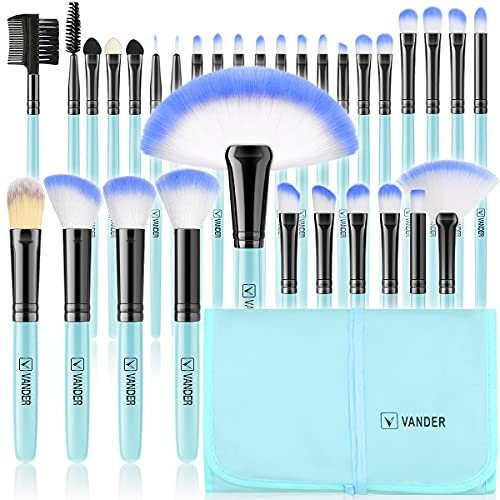 VANDER Lot de 32 pinceaux de maquillage professionnels pour fond de teint, bleu
