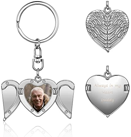 PiercingJak Herz Medaillon Foto Amulett Engelsflügel Muster Schlüsselanhänger mit Gravur Memorial Anhänger zum öffnen Charm Schmuck Personalisierte Geschenke für Damen Herren, Silber