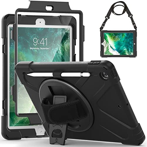 Gerutek Hülle für iPad 6. /5. Generation 9,7 Zoll 2018/2017, Stoßfeste Robust Schutzhülle mit Displayschutzfolie,Stifthalter Drehbar Stände,Handschlaufe Schultergurt,Panzerhülle für iPad 9,7, Schwarz
