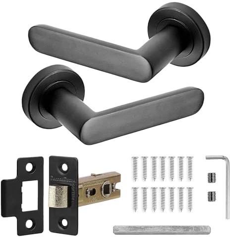 Decoranddecor Echo Matt Black Door Lever Handles - 54mm Round Rose - Aluminium - Latch Kit