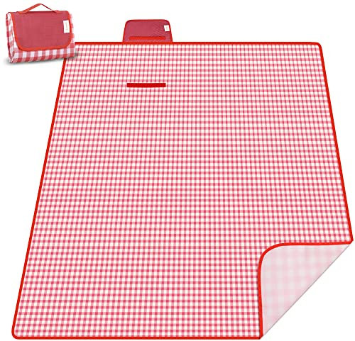 ZOMAKE Picknickdecke Wasserdicht 200 x 150,Lsoliert Picknick Decke Strandmatte Waschbar mit Alubeschichtung für Camping,Garten - XXL Tartan Stoff Picnic Blanket(Rot/Weiß Gitter)
