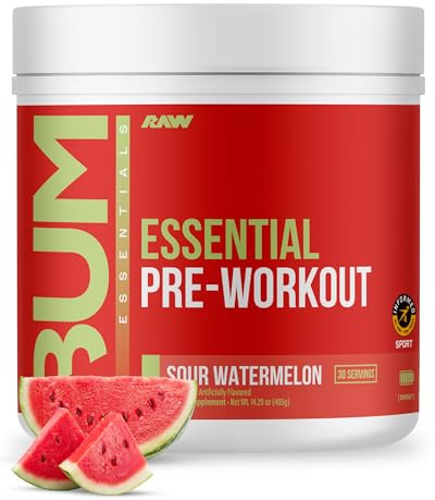 RAW Essential Pre-Workout Powder (Sour Watermelon) - Chris Bumstead Sports Nutrition Supplement for Men & Women - Preworkout Energy Powder with Caffeine, L-Citrulline, L-Tyrosine, & Beta Alanine Blend