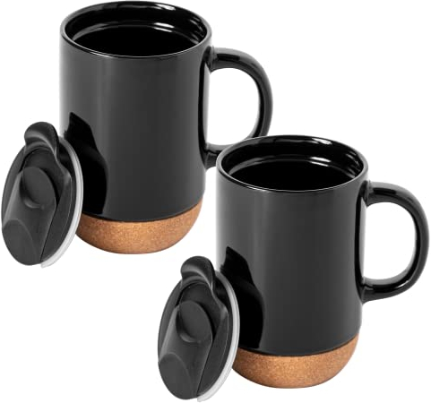 Gibson Home Modani 2 Pack Large 16.5 OZ Ceramic Mugs Set with Removable Cork Bottom and Lid - Black