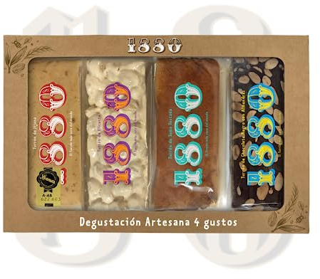 1880 - Degustación Turrones Artesana 4 gustos, Turrón de jijona, de Alicante, de Yema, de Chocolate, 4 x 75g, Pack de 300g