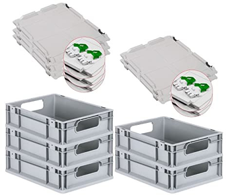 PROREGAL SuperSparSet 5x Eurobox NextGen Economy mit Scharnierdeckel & grünen Verschlüssen | Griffe offen | HxBxT 12x30x40cm | 11 Liter | Eurobehälter Transportbox Transportbehälter Stapelbehälter
