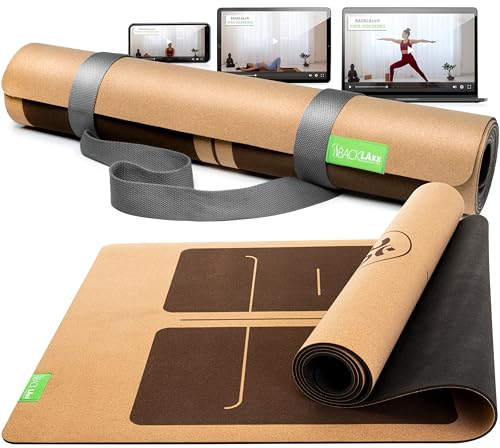 BACKLAXX ® Yogamatte Kork mit Naturkautschuk - FAZ Testsieger 07/2025 - Yoga Matte nachhaltig, schadstofffrei, Yogamatte rutschfest, Fitnessmatte mit Anti-Rutsch-Zonen inkl. Tragegurt, Turnmatte