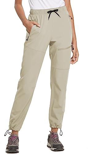 baleaf Womens Walking Trousers Lightweight Quick Dry Water-Resistant Hiking Cargo Pants with Zip Pockets UPF 50+ UV Protection Suntan-Petite XL