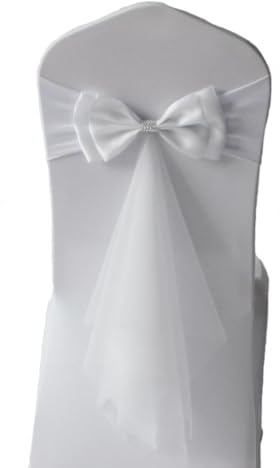 Wisafory 10 Stück Stuhlschleifen Hochzeit Stuhlschärpen mit Strass Abnehmbaren Elastizität Satin Schleifen Stuhl Schärpen Tüll Stuhl Rücken Bogen ohne Stuhlbezug für Hochzeit Party Weiß