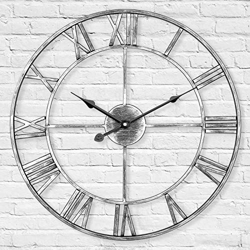 LENAUQ Silent Metal Skeleton Wall Clock, 60cm European Farmhouse Vintage Clock with Roman Numeral, Non-Ticking Battery Operated Hanging Wall Clock for Home Kitchen Cafe Hotel Office Decor(Silver)