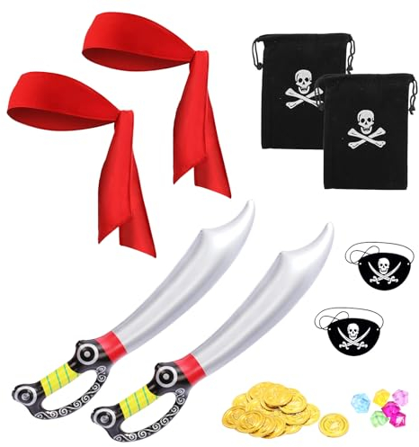 LOHAME 2 Set Piratenkostüm Kinder Piraten Kostüm Zubehör Seeräuber Kinderkostüm Pirat Augenklappe Bandana Goldmünzen Kristallstein Aufblasbares Messer für Junge Mädchen Halloween Karneval Fasching