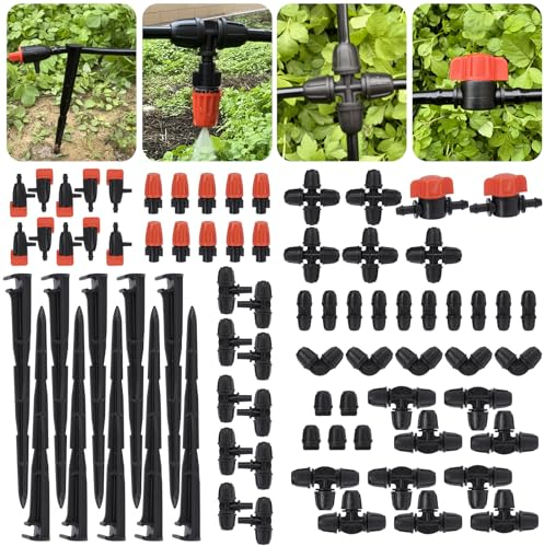 iBamso 77pcs Barbed Connectors Bewässerung Fittings Kit, Anti-Drop Fitting mit Verriegelung für 4/7mm Schlauch, Tropfer, feste Halterung, Sprinkler, gerade Widerhaken, Gleiches T-Stück, Bögen,End Plug