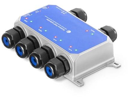 IP67 Outdoor Gigabit PoE Passthrough Switch, 1 PoE in 4 PoE Out Extender, IEEE802.3af/at/bt PoE Powered 90W, 10/100/1000Mbps Ethernet, Metal Wall Mount Waterproof Plug and Play