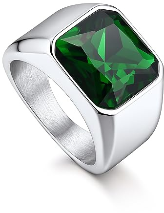 Bandmax Bague Homme Pierre Verte Acier Inoxydable Taille 59, Bague Solitaire Ḗmeraude en Verre de 12mm