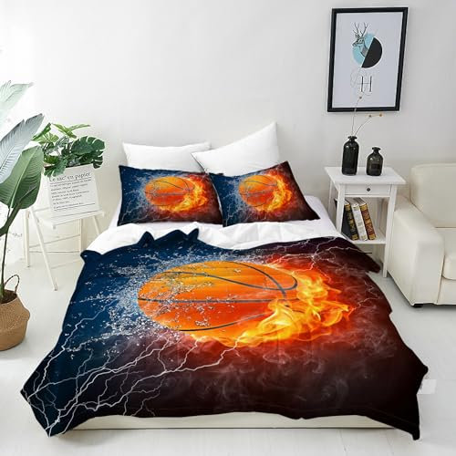 ANHOPE Sport Thema Flamme Basketball Bettwäsche Set 2 Teilig Weich Bettbezug 140x200 cm & Kissenbezug 65x65 cm Microfaser Bettbezüge Set mit Reißverschluss Bettdeckenbezug für Kinder Jungen Mädchen