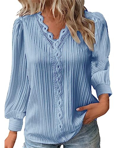 Cocila Langarmshirt Damen Große Größe Kurzarm Oberteile Sommer Bluse Damen Elegant Langärmlige Hemd Spitze V-Ausschnitt Blusenshirt Feste Farbe Mode Top Pullover