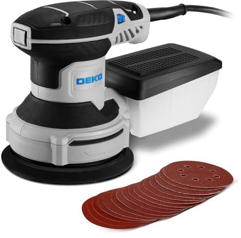 DEKOPRO 300W Levigatrice Orbitale - 6 velocità variabile 14000RPM Levigatrice Rotorbitale, 125mm strumento di levigatura manuale, sistema di raccolta della polvere ad alte prestazioni