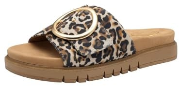 Tamaris Damen Wide Fit Pantoletten flach mit Klettverschluss und Schnalle, beige (Leopard), 37 EU