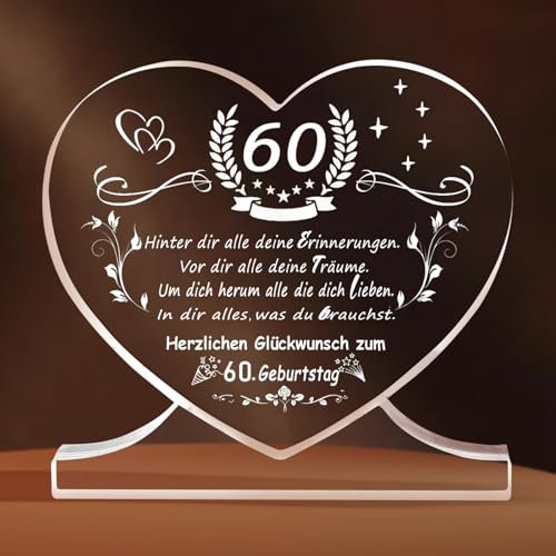 Deko 60. Geburtstag Geschenk, Acryl Herz Geschenke fr Frau und Mann, 60. Geburtstag fr Vater, Mutter, Gromutter