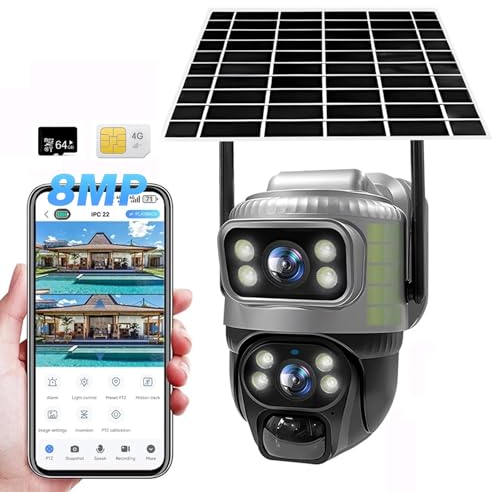 4G LTE Caméra Surveillance Solaire Extérieure sans Fil,4K Caméra de Chasse avec SIM & Carte Mémoire 64go, 355° PTZ, Détection de Mouvement PIR, Vision Nocturne Couleur, Audio Bidirectionnel, IP66