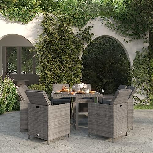 KATERYY 9-TLG. Garten-Essgruppe mit Auflagen Poly Rattan Grau,Moderne Gartengarnitur aus Rattan mit klappbaren Stühlen für gemütliche Mahlzeiten im Freien
