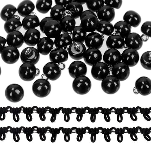 Glarks 51pcs 10mm halbe gewölbte Perlenknöpfe, schwarze Harz Perlenknöpfe und Metallschaft mit Knopfschlaufe Trim, Metall Kreis Haken Knöpfe für Kleidung, Handwerk, Nähen