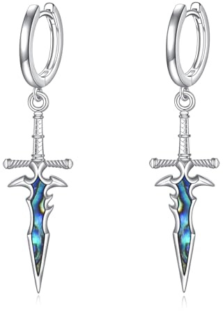 Schwert Tropfen Ohrringe 925 Sterling Silber Dolch Creolen Ohrringe Wikinger Schmuck Geschenke für Damen und Herren (Sword Abalone Shell)