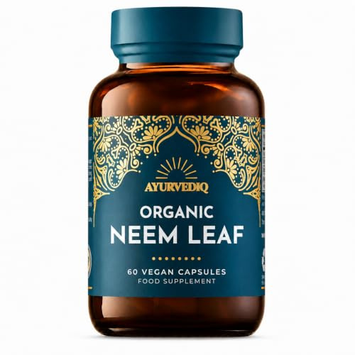 Ayurvediq Organic Neem Leaf Capsules x 60 600mg | Azadirachta Indica, Indian Lilac Neem Powder Organic, Detox, Immunity Support, Clear Skin, Soil Association Organic